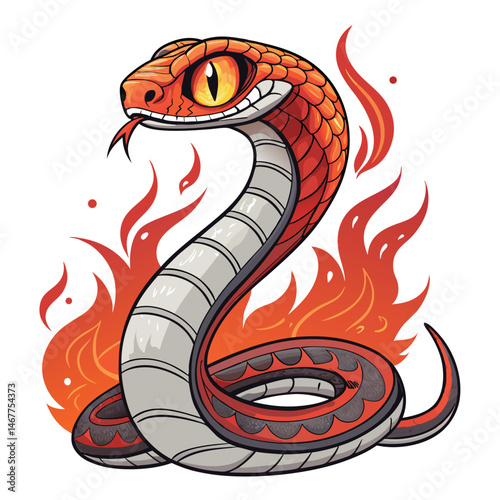 Render a surreal image of a fiery, red and orange eyeball snake with two tails, engulfed in flames.  Details crucial.