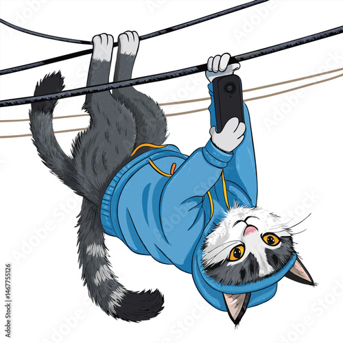 A playful cat suspended upside down, clinging to power lines, humorous image with a pH level of 1 indicated.