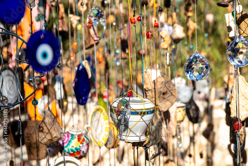 Hanging decorative ornaments with colorful reflections