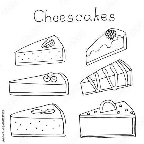 Cheesecakes set hand drawing, doodles, vector illustration