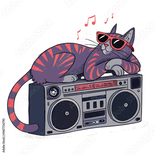 A cool, grey street cat, relaxed and shaded, lounging comfortably atop a vintage boombox playing music.