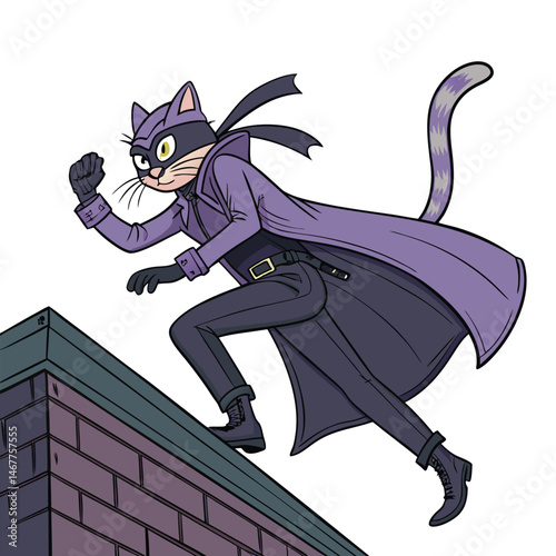 A sleek black cat, wearing a vigilante mask and long coat, dramatically leaps across a cityscape at night.  Focus on dynamic action and urban setting.