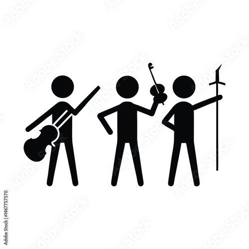 Simple Stick Figure Musicians Cello, Violin, and Spear