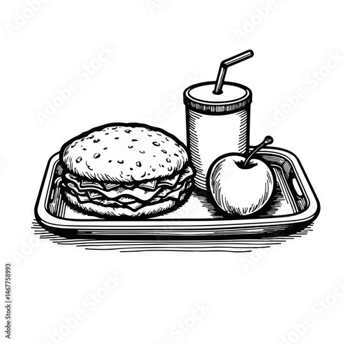 Lunch Tray with Hamburger, Drink, and Apple for School Meal Planning, Nutrition Education, Healthy Eating Resources, and Food Blogs