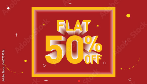 Flat 50% off sale banner template in bold red and yellow theme, perfect for online shopping promotions with red background.