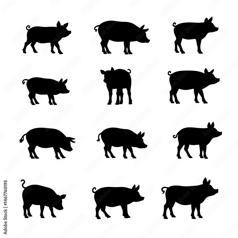 Set pig silhouette isolated vector on white background