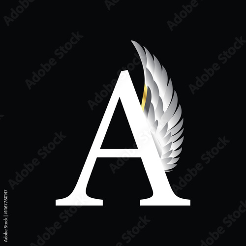 Elegant Letter A Logo with Silver Feather Wing on Black Background for Premium Branding