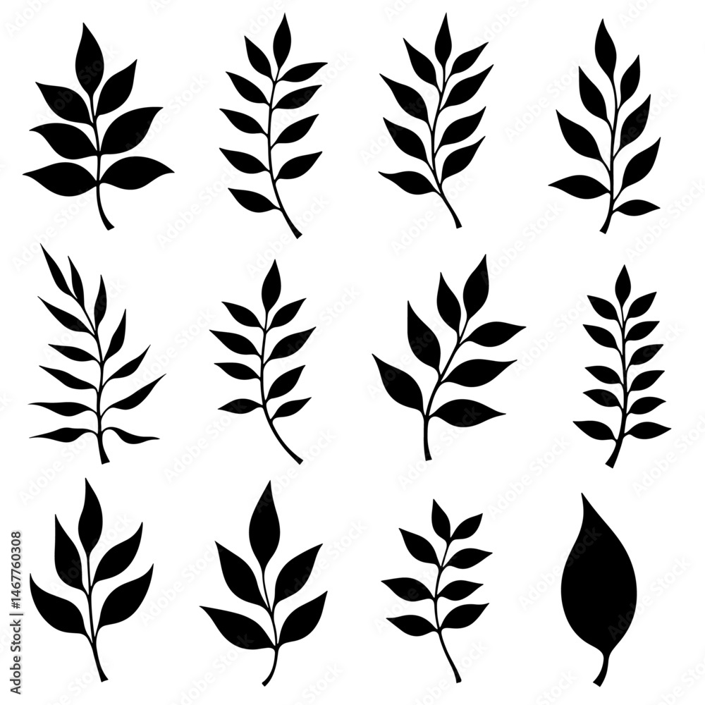 A set of flowers and leaves for making tattoo compositions. Black linear illustration isolated on a white background.
