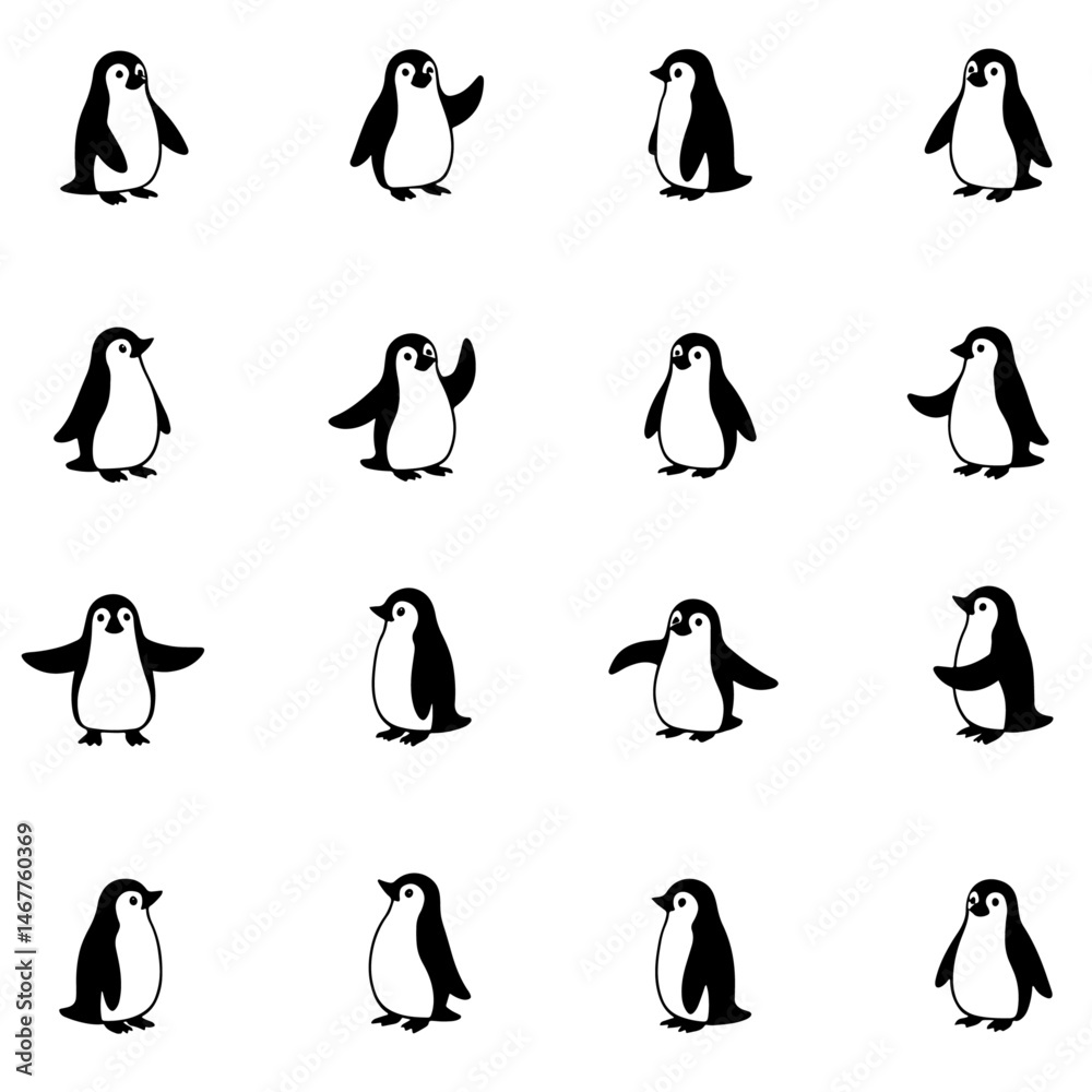 Set Penguins silhouette isolated vector on white background
