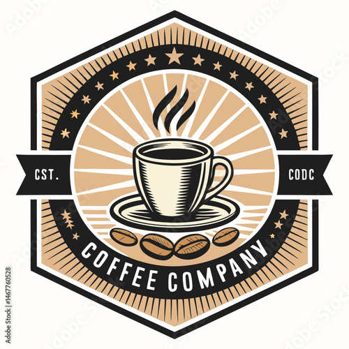 Design a logo for a coffee company featuring a steaming coffee mug, coffee beans, and an abstract element suggesting warmth and energy.
