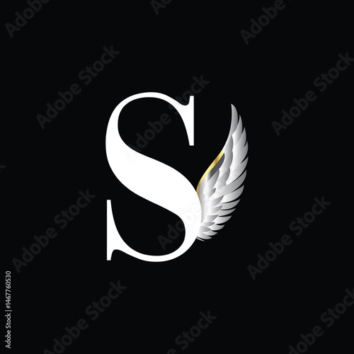 Elegant Letter S Logo with Silver Feather Wing on Black Background for Premium Branding