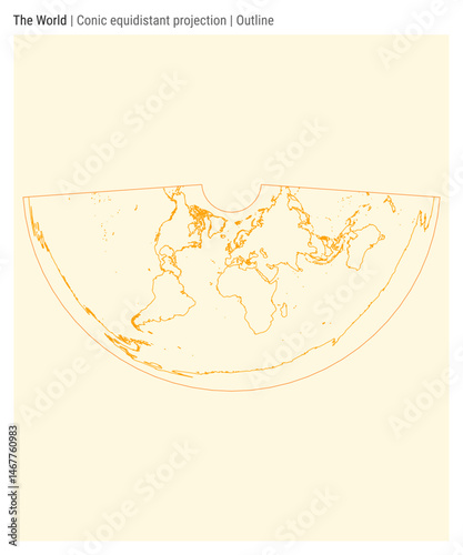 World Map. Conic equidistant projection. Outline style. High detail world map for infographics, education, reports, presentations. Vector illustration.