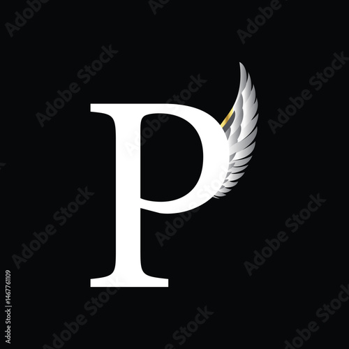 Elegant Letter P Logo with Silver Feather Wing on Black Background for Premium Branding