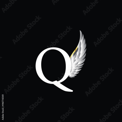 Elegant Letter Q Logo with Silver Feather Wing on Black Background for Premium Branding