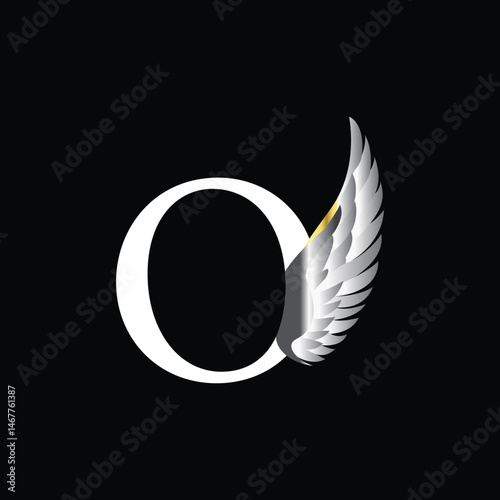 Elegant Letter O Logo with Silver Feather Wing on Black Background for Premium Branding