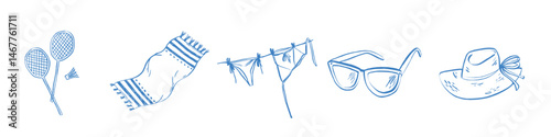 Whimsical hand-drawn summer essentials including tennis rackets, striped beach towels, bikinis on a clothesline, sunglasses