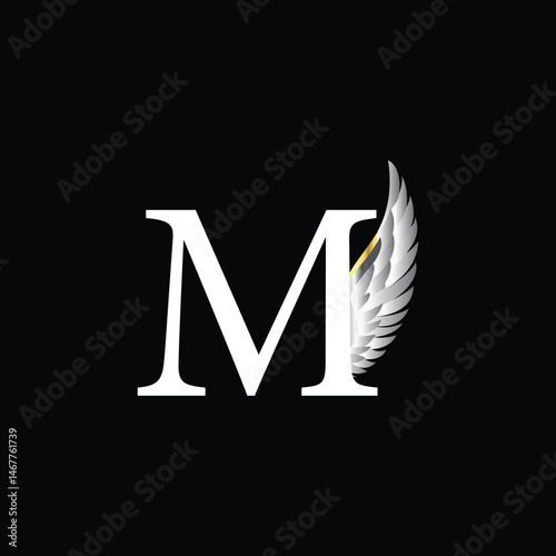 Elegant Letter M Logo with Silver Feather Wing on Black Background for Premium Branding