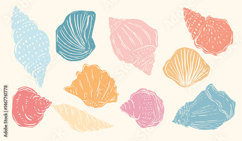 Hand-drawn crayon whimsical shell illustrations in soft pastel colors