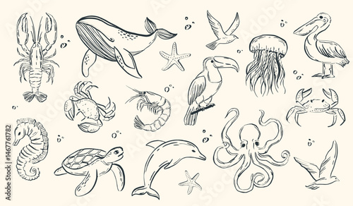 Whimsical hand-drawn crayon sea animals and fish sketches featuring vintage fish, shrimp, seashells, and squid in doodle style