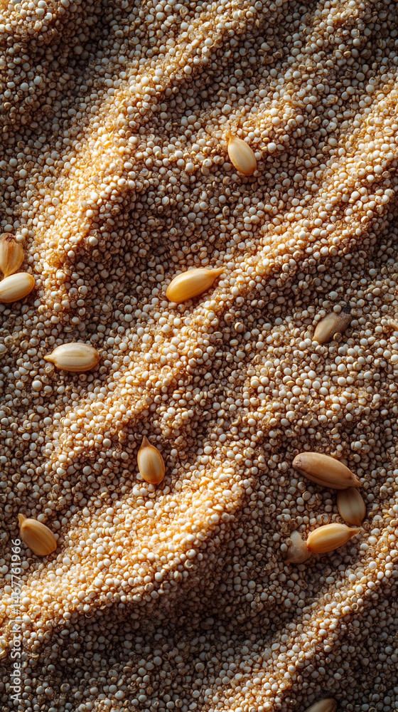 Close-up of raw white quinoa seeds showing detailed texture and natural pattern. Symbolizes health, nutrition, and organic simplicity in a wholesome superfood background for culinary or wellness theme