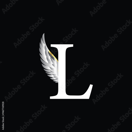 Elegant Letter L Logo with Silver Feather Wing on Black Background for Premium Branding