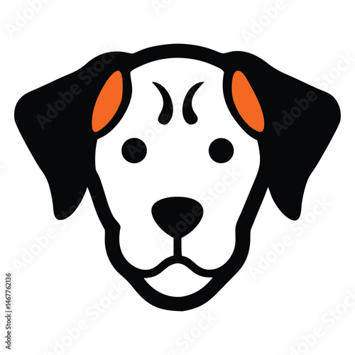 Stylized canine face with distinctive black ears and orange ear accents looks forward
