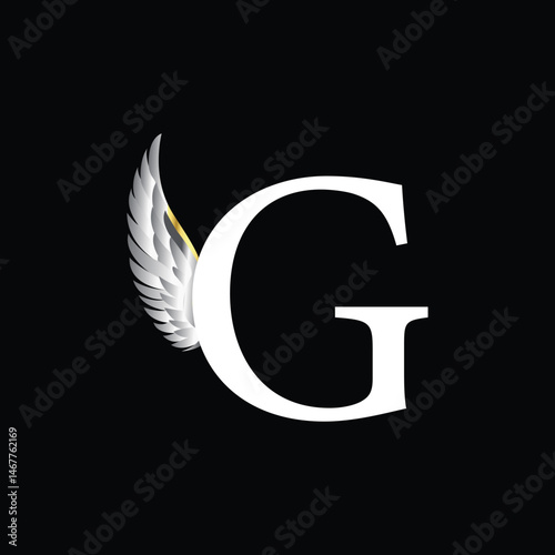 Elegant Letter G Logo with Silver Feather Wing on Black Background for Premium Branding