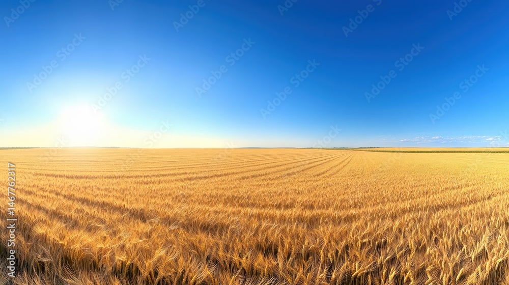 A golden field of ripe wheat ready for harvest under a clear blue sky, showcasing the beauty of agriculture. A golden field of ripe wheat ready for harvest under a clear blue sky, showcasing the beauty of agriculture.