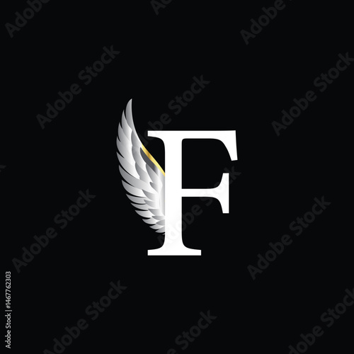 Elegant Letter F Logo with Silver Feather Wing on Black Background for Premium Branding