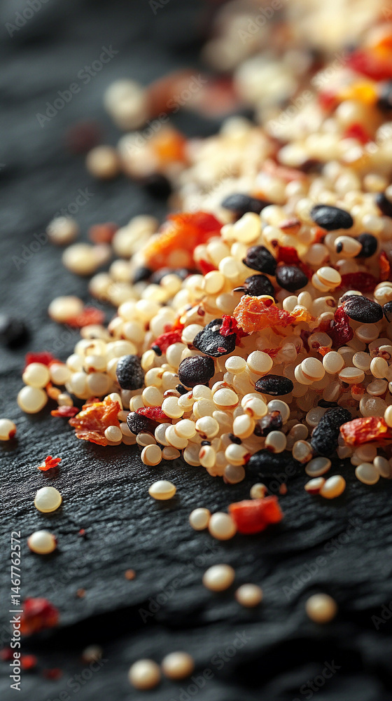 Close-up of raw white quinoa seeds showing detailed texture and natural pattern. Symbolizes health, nutrition, and organic simplicity in a wholesome superfood background for culinary or wellness theme