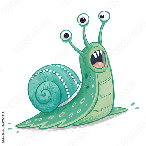 Render a grotesque, slimy eye-slug monster crawling, leaving a glistening trail of viscous slime.  Focus on detailed texture and realistic rendering of the creature's eye.