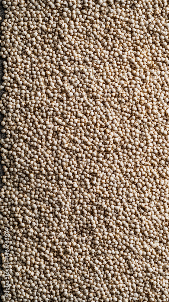 Close-up of raw white quinoa seeds showing detailed texture and natural pattern. Symbolizes health, nutrition, and organic simplicity in a wholesome superfood background for culinary or wellness theme