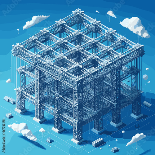 Geometric architectural structure in a blueprint style with clouds and elements in the background