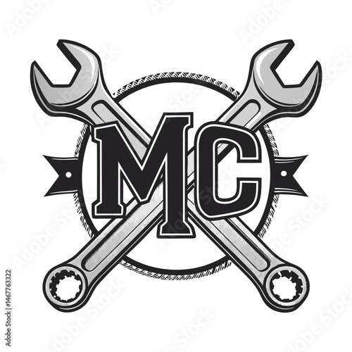 Design a motorcycle club emblem featuring crossed wrenches and a handlebar, incorporating "MC" text.  Aim for a bold, vintage style.