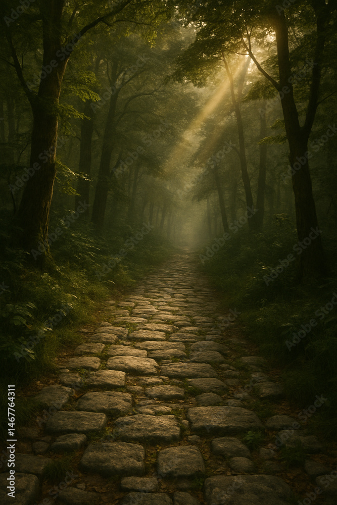 Obraz premium Misty Stone Path Through Enchanted Forest with Sunlight Rays Breaking Through Trees 