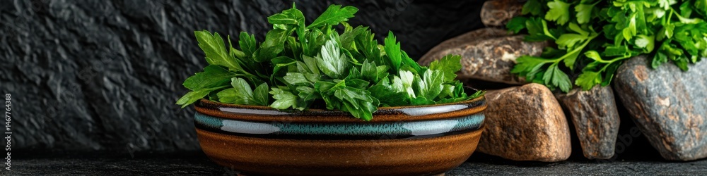 Fototapeta premium Fresh Green Herb Garnish in Decorative Bowl with Dark Background