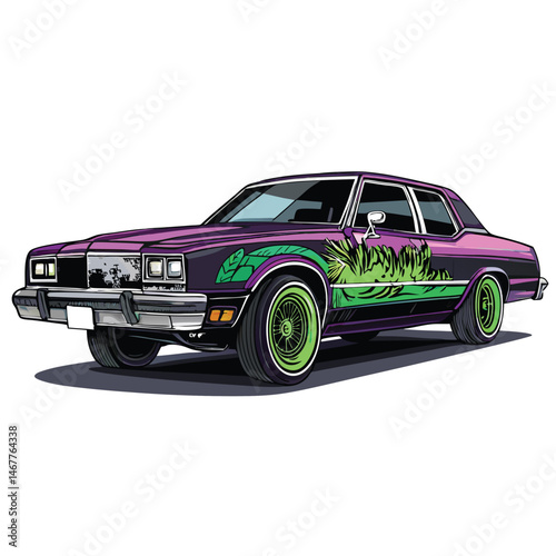 Create a vibrant digital painting of a customized lowrider, featuring neon underglow, intricate graffiti art, and chrome accents. Show off its detailed hydraulics.