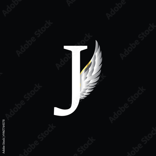 Elegant Letter J Logo with Silver Feather Wing on Black Background for Premium Branding