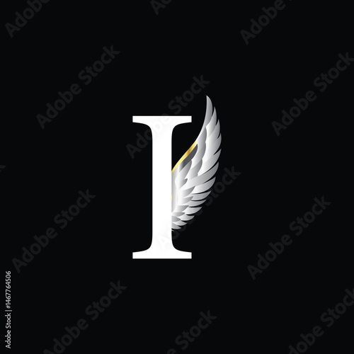 Elegant Letter I Logo with Silver Feather Wing on Black Background for Premium Branding
