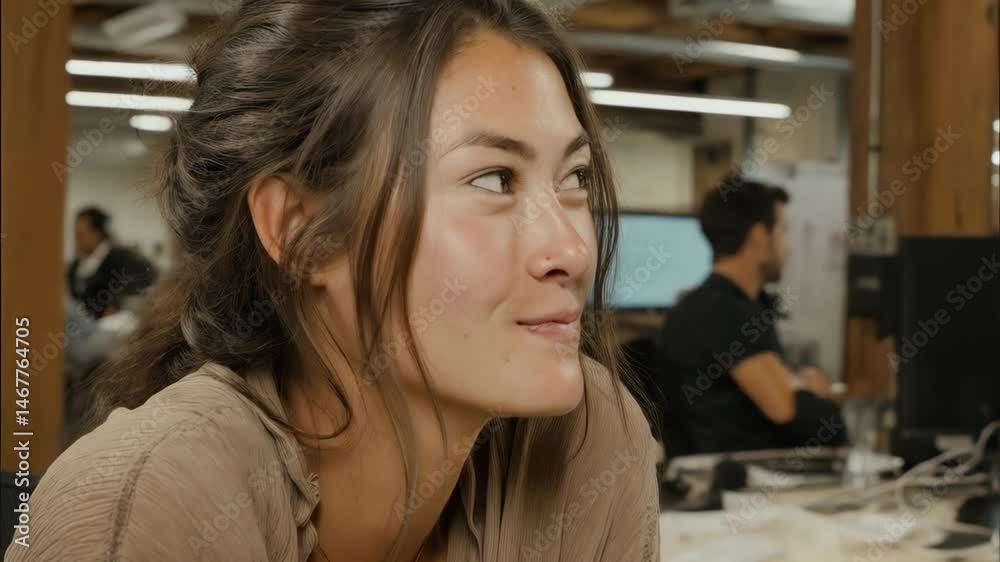 Attractive young woman in an office setting with modern decor, looking away with a thoughtful expression during the work day. Attractive young woman in an office setting with modern decor, looking away with a thoughtful expression during the work day.