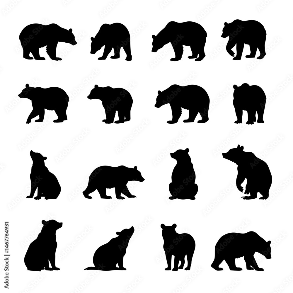 set of bear vector silhouette illustration isolated on white background