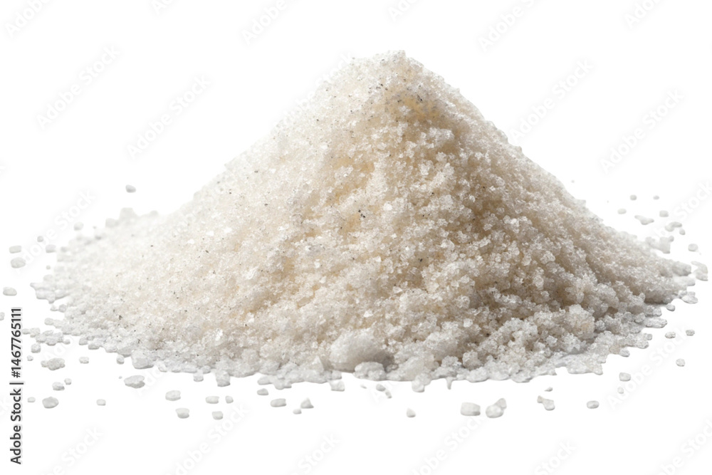 A white pile of crystal salt and sweet sugar, isolated closeup A white pile of crystal salt and sweet sugar, isolated closeup