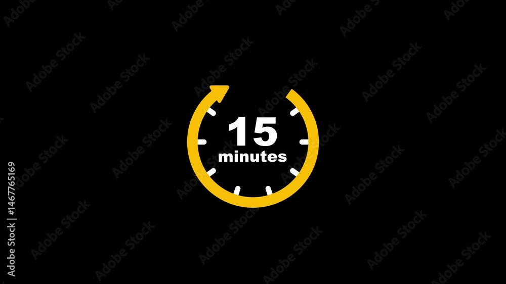 15 minutes timer symbol color style isolated on black background. 15 min time circle icon.15 minutes timers Clocks, Timer 15 minute icon, countdown icon. Time measure. The chronometer icon