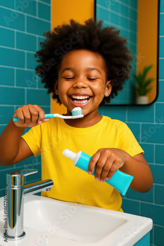 Portrait of a smiling kid holding a toothbrush with toothpaste in a colorful bathroom