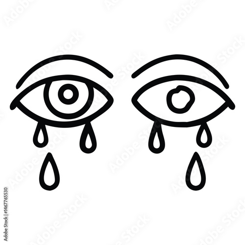 Two eyes are crying with teardrops falling down in a simple line drawing