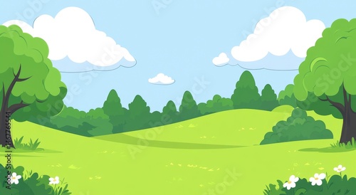 Serene Spring Landscape: Lush Green Hills, Fluffy Clouds, and Vibrant Trees