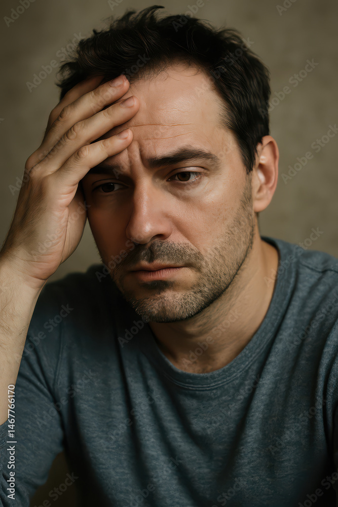 Sad man suffering from depression touching his forehead Sad man suffering from depression touching his forehead