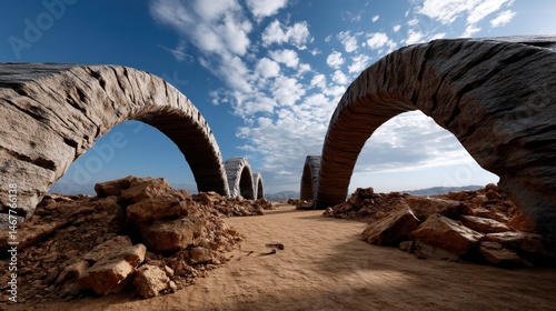 Ancient stone arches in a desert landscape under a partly cloudy sky with distant mountains photo