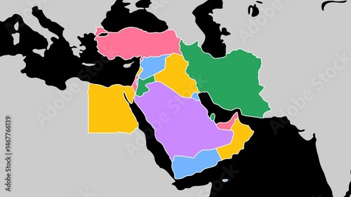 Middle East Map. World map animation connecting all continents into a single world map with zoom in color map of Middle East with country borders in the background with alpha channel. Motion design.