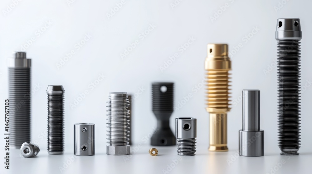 Fototapeta premium Various Metal Components and Fasteners Displayed on a Light Background